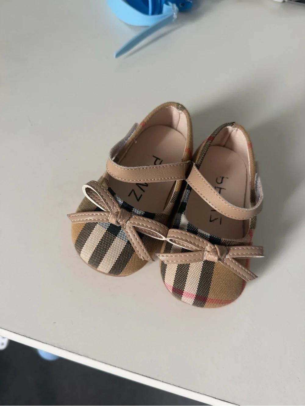 Classic Plaid Baby Mary Janes with Beige Bow Strap